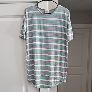 LuLaRoe Irma Mint/Pink/White/Grey Striped Short Sleve Tunic Top